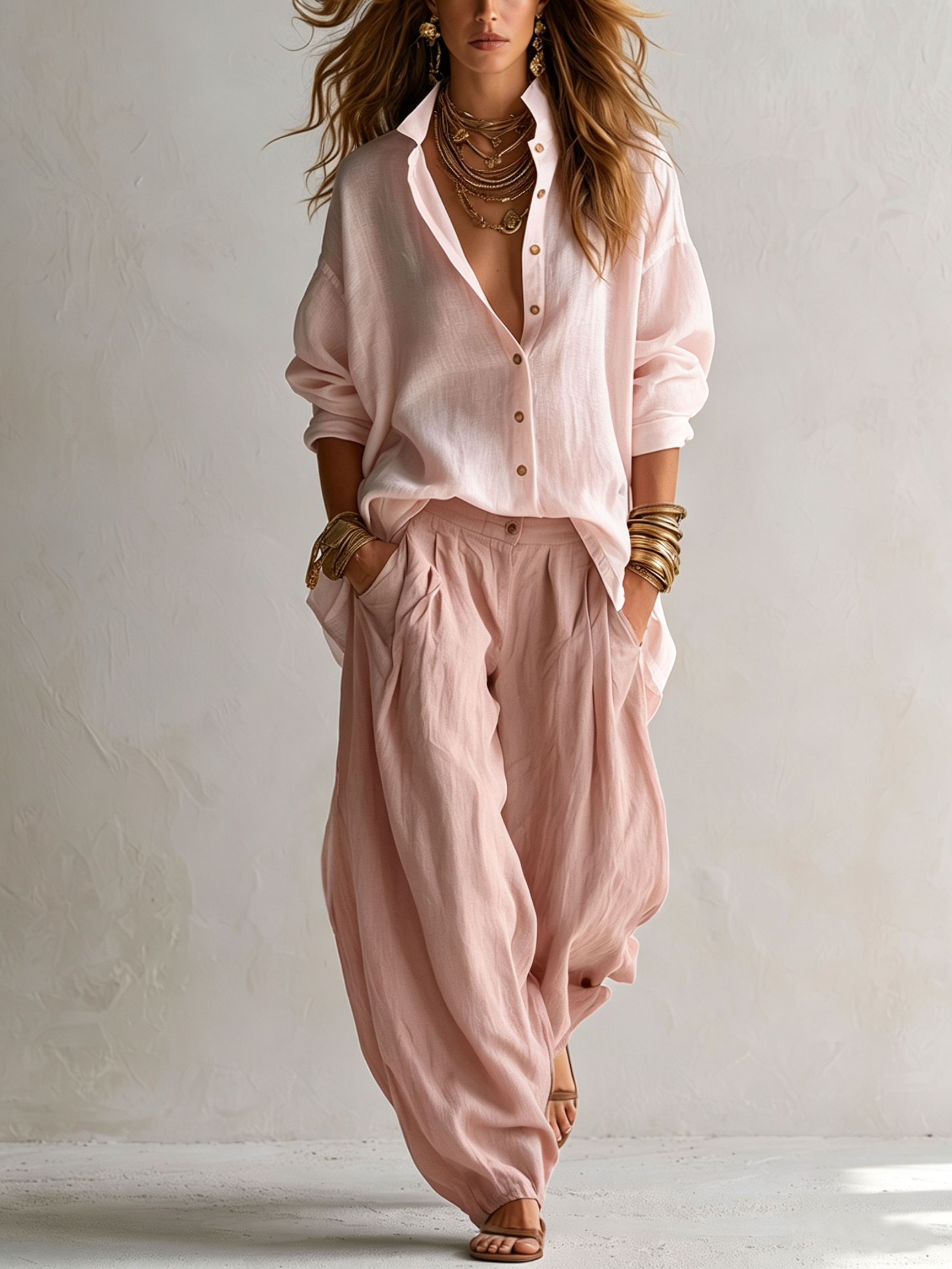 Women's White Shirt & Olive Lantern Pants Set in Pink