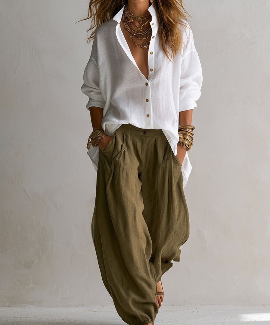 Women's White Shirt & Olive Lantern Pants Set