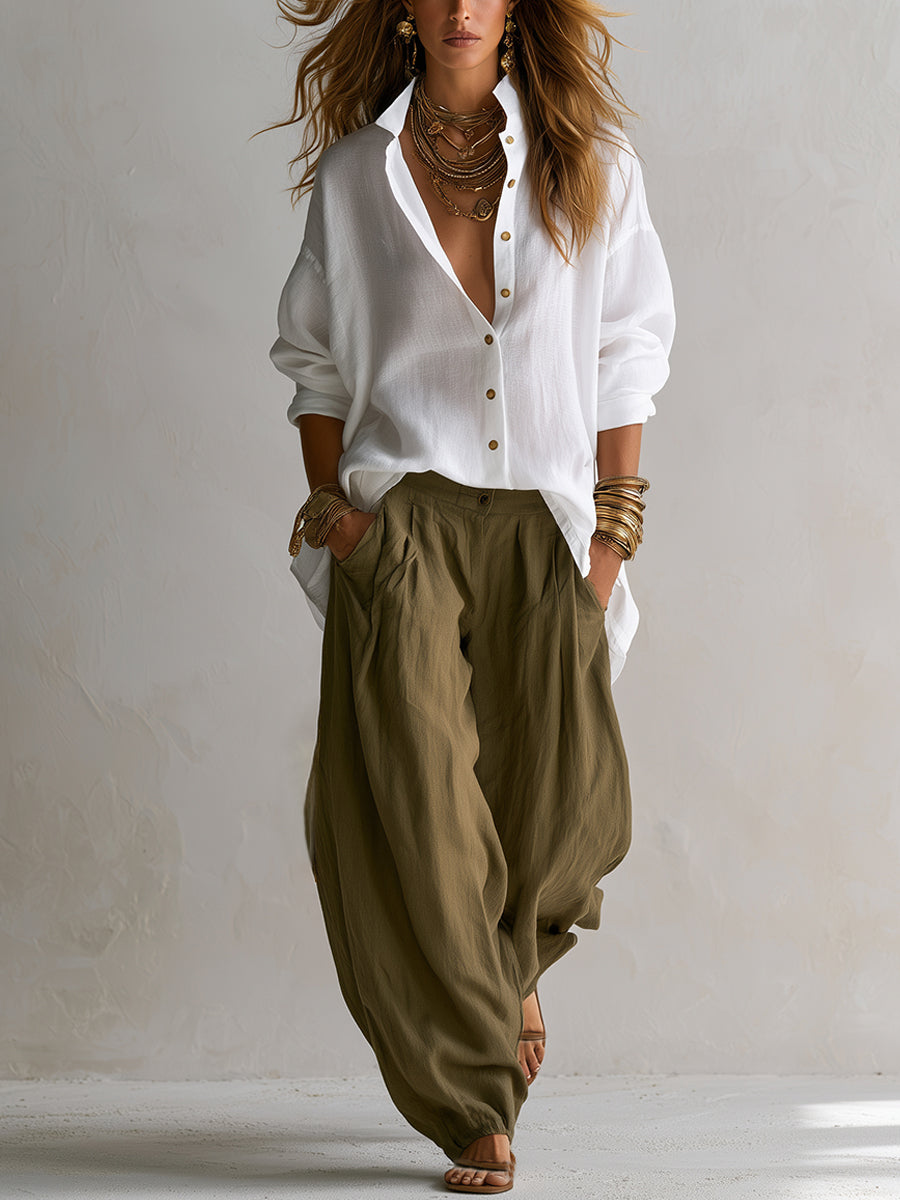 Women's White Shirt & Olive Lantern Pants Set
