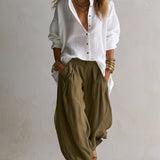 Women's White Shirt & Olive Lantern Pants Set