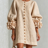 Women's Floral Cuff Mini Dress in Beige