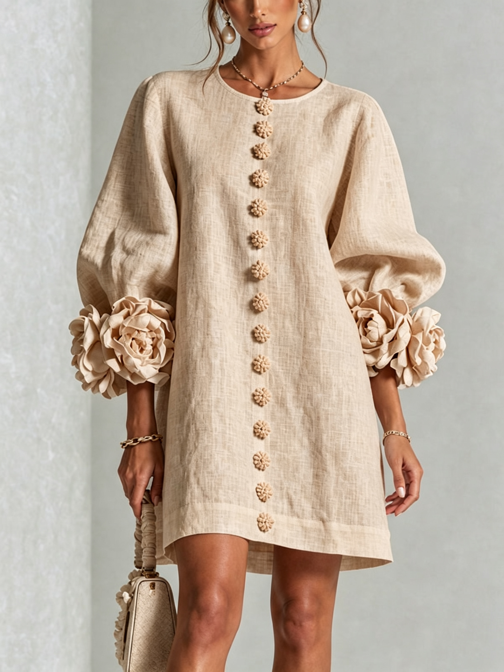 Women's Floral Cuff Mini Dress in Beige