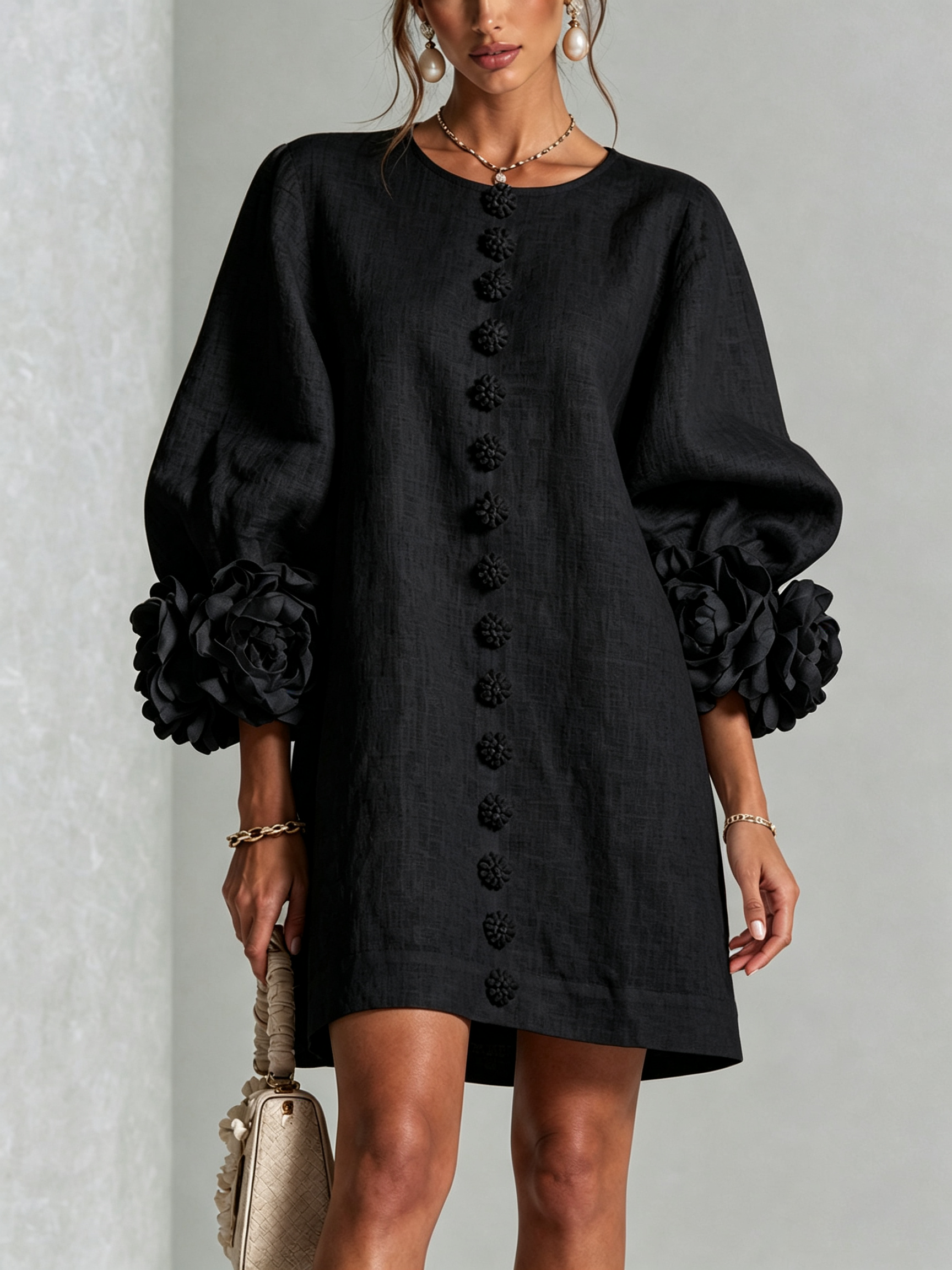 Women's Floral Cuff Mini Dress in Black