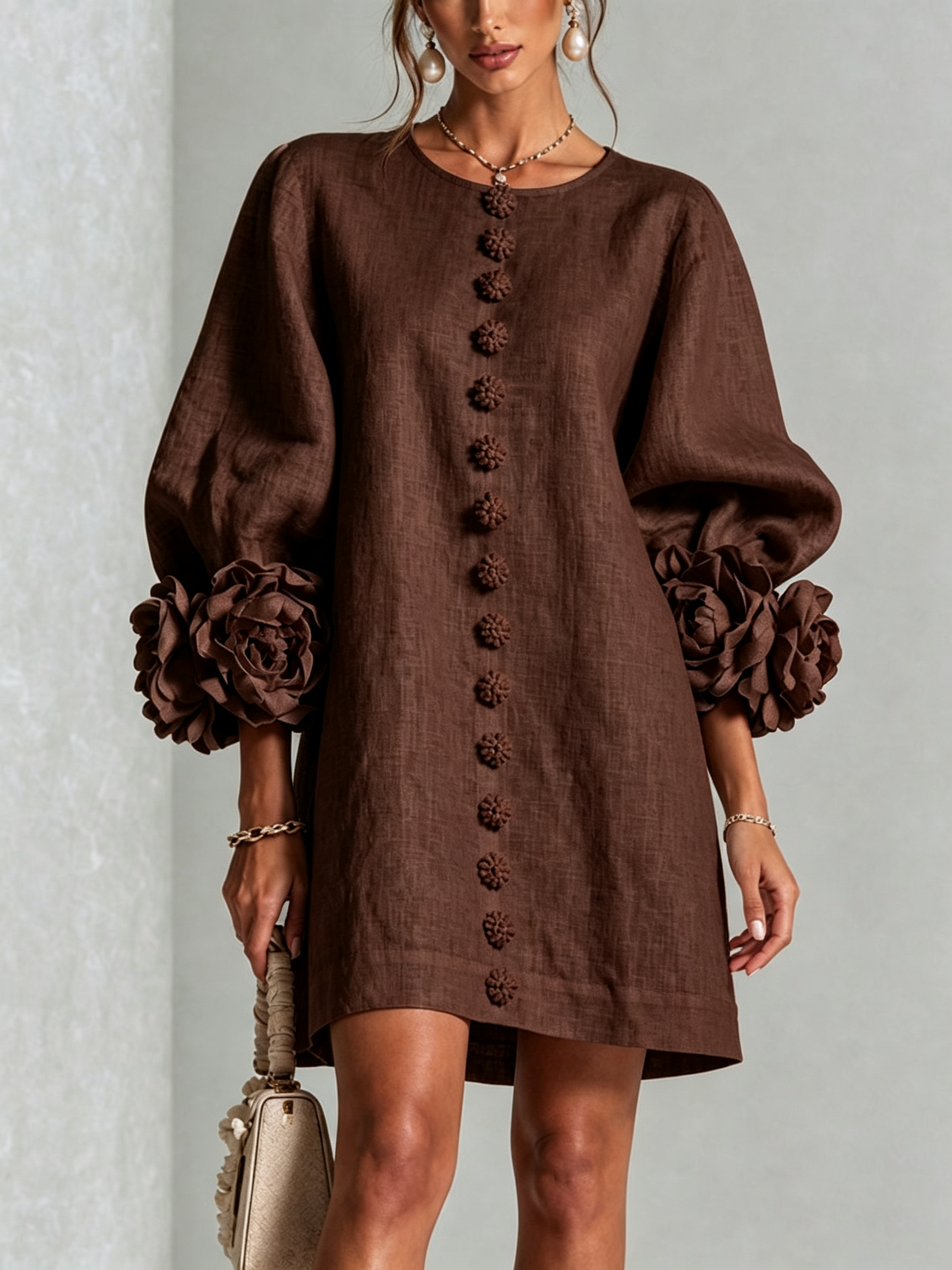 Women's Floral Cuff Mini Dress in Brown