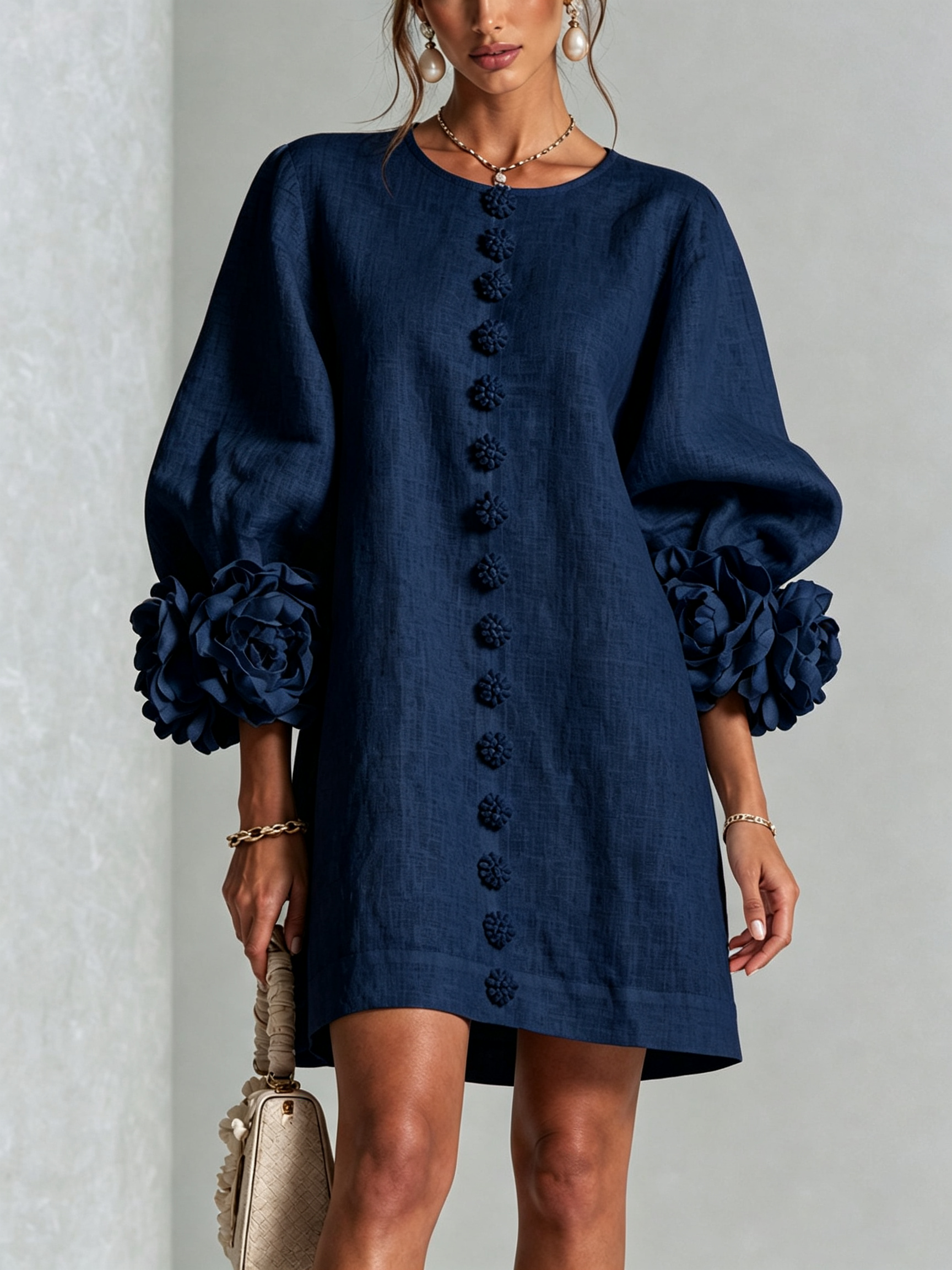 Women's Floral Cuff Mini Dress in Navy