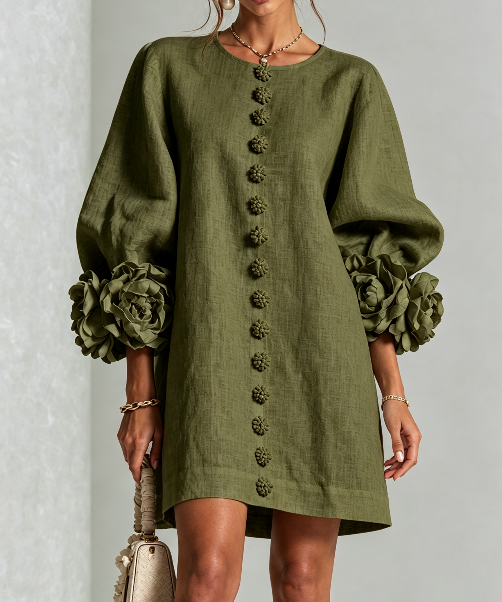 Women's Floral Cuff Mini Dress in Olive