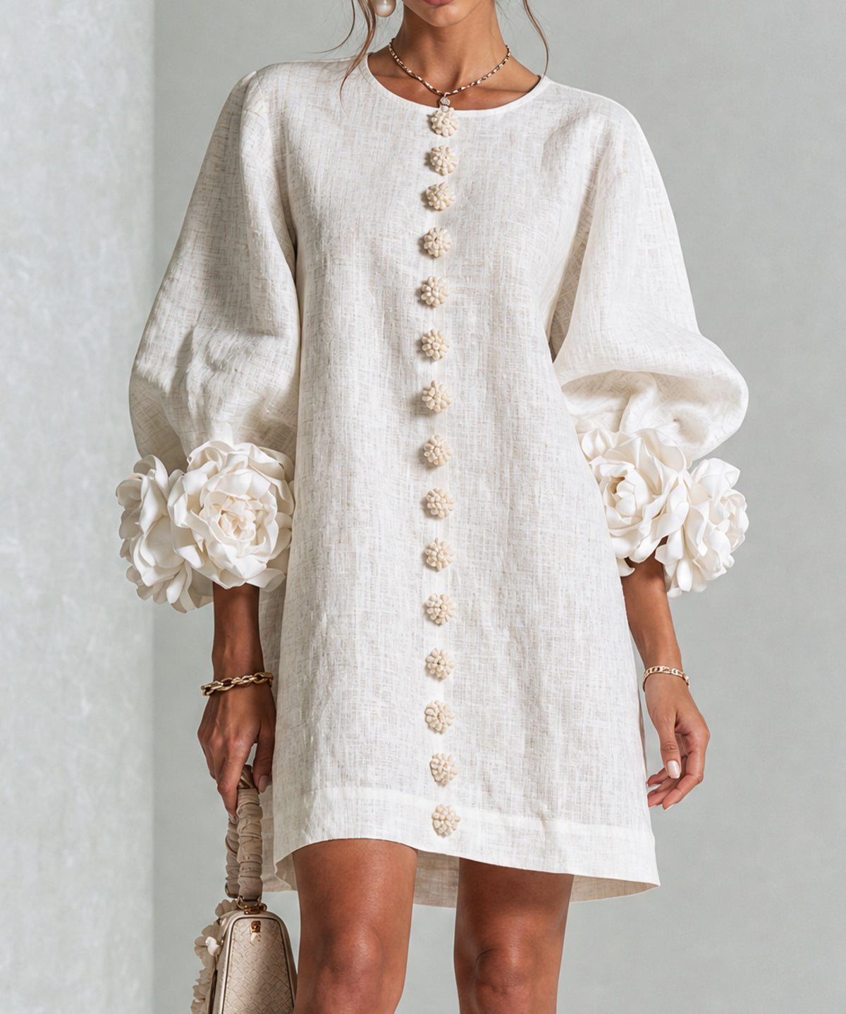 Women's Floral Cuff Mini Dress in White