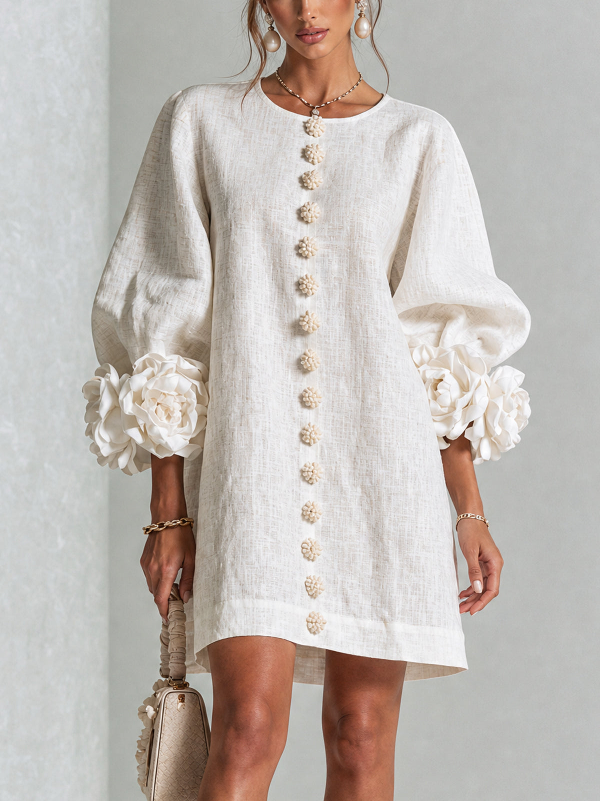 Women's Floral Cuff Mini Dress in White