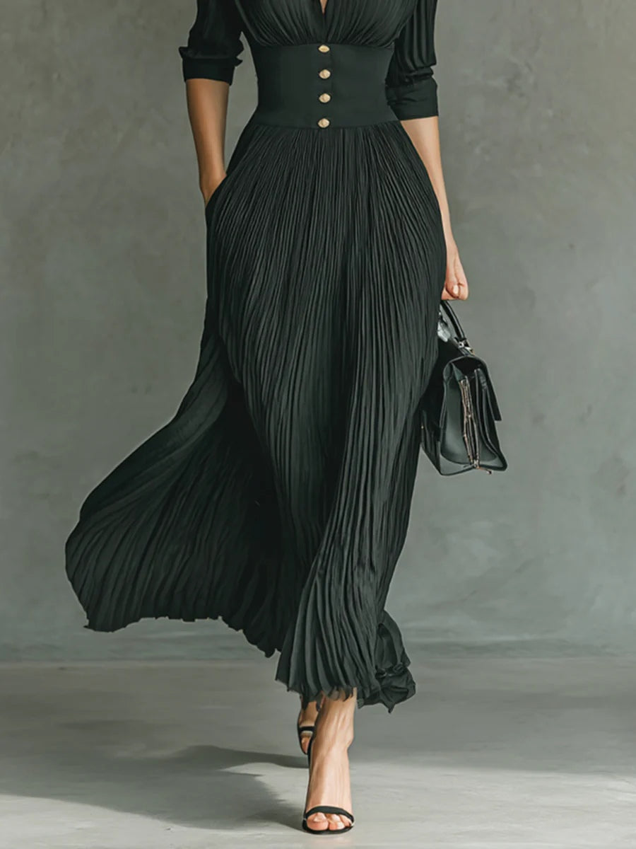 Long Pleated High-Waist Dress with Lapels, photo 3