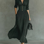 Long pleated dress with lapel and high waist in Green