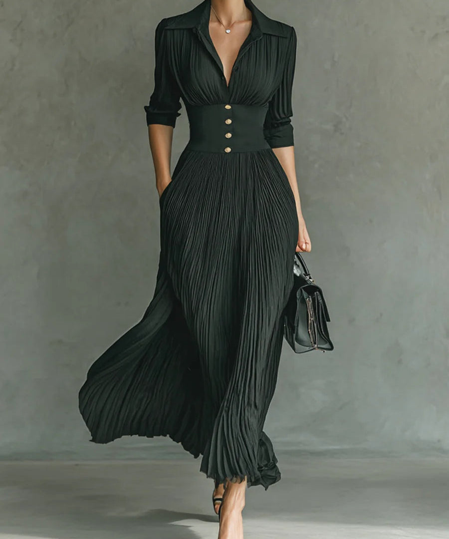 Long Pleated High-Waist Dress with Lapels in Green