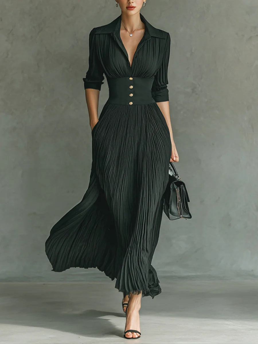 Long Pleated High-Waist Dress with Lapels in Green