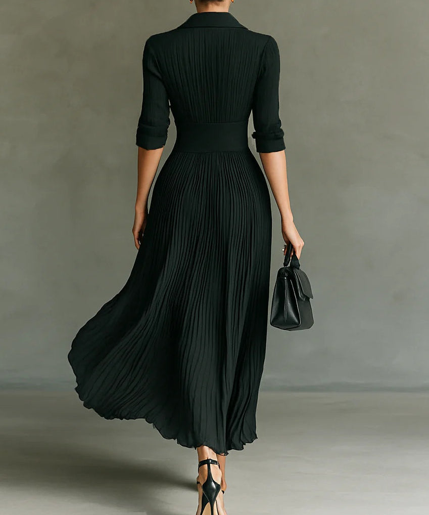Long Pleated High-Waist Dress with Lapels, photo 2