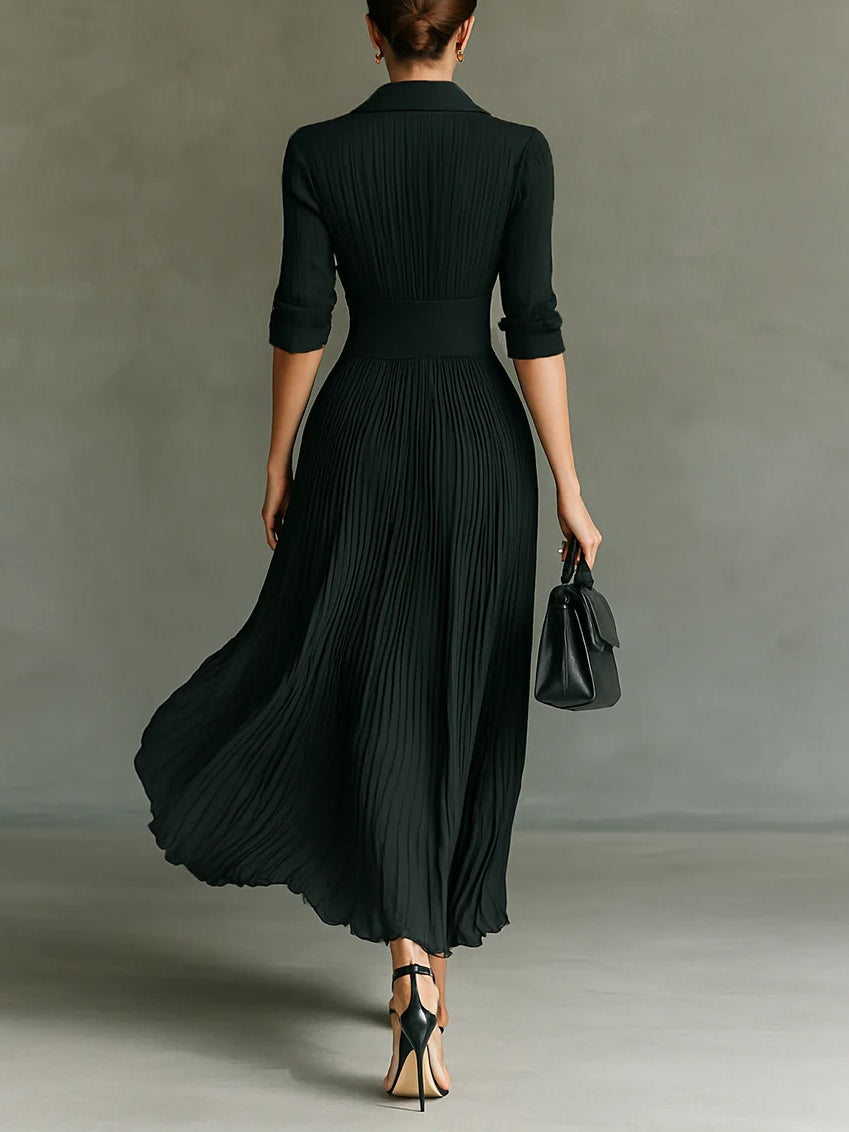 Long Pleated High-Waist Dress with Lapels, photo 2