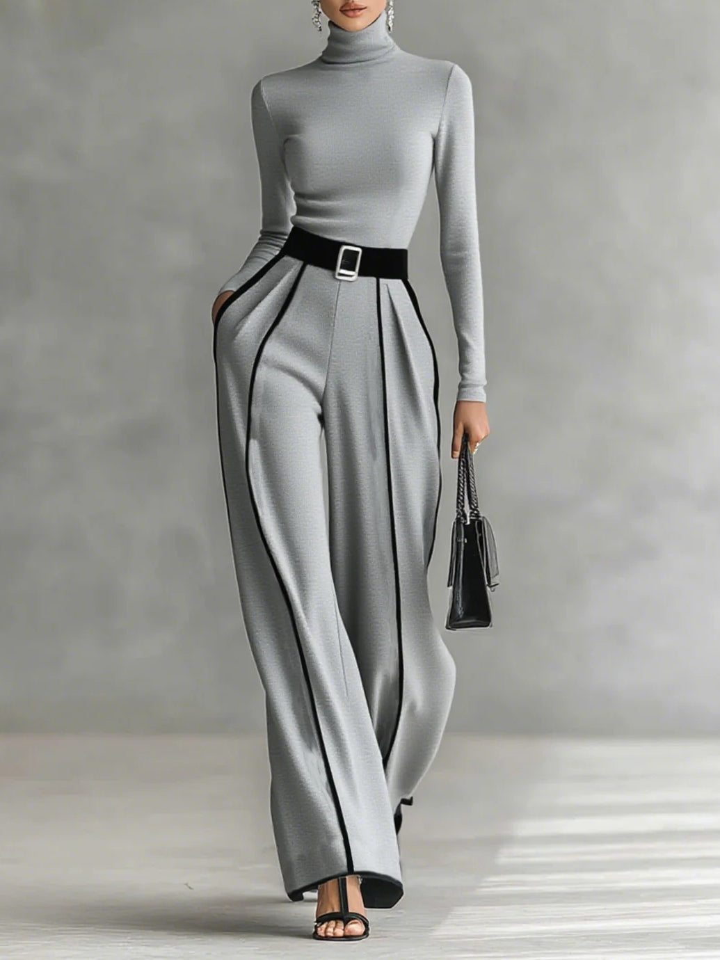 High-Collar Striped Set with Wide Pants in Gray