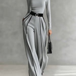 High-Collar Striped Set with Wide Pants in Gray