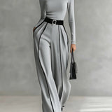 High-Collar Striped Set with Wide Pants in Gray