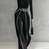 High-Collar Striped Set with Wide Pants in Black