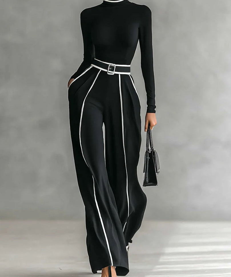 Women's High-Collar Set with Wide Pants in Black