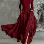 Women's Pleated Skirt & High-Neck Top Set in Burgundy