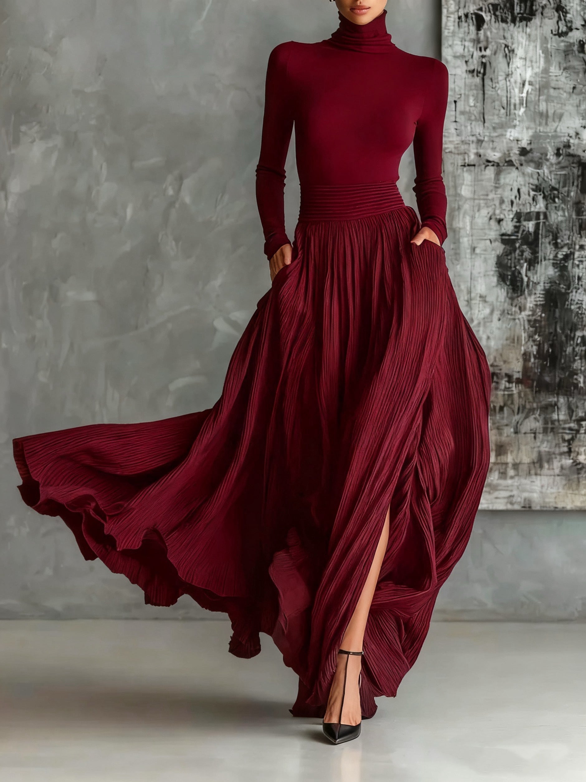 Women's Pleated Skirt & High-Neck Top Set in Burgundy