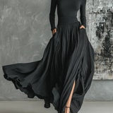 Women's Pleated Skirt & High-Neck Top Set in Black