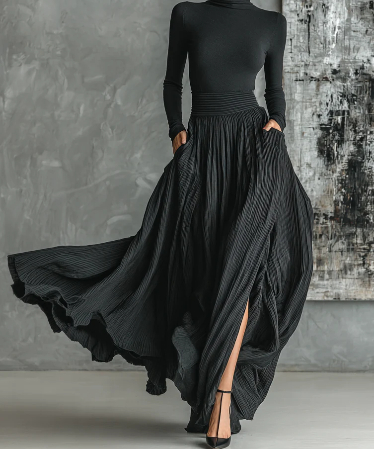 Women's Pleated Skirt & High-Neck Top Set in Black
