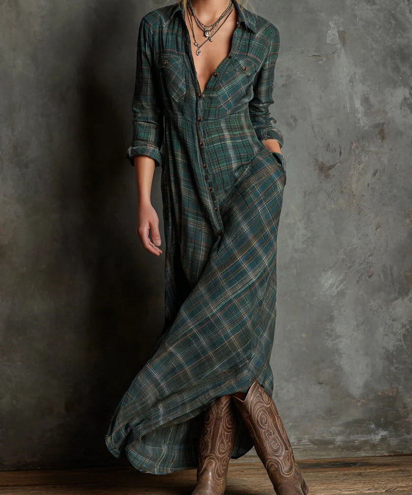 Women's Long Plaid Dress in Green