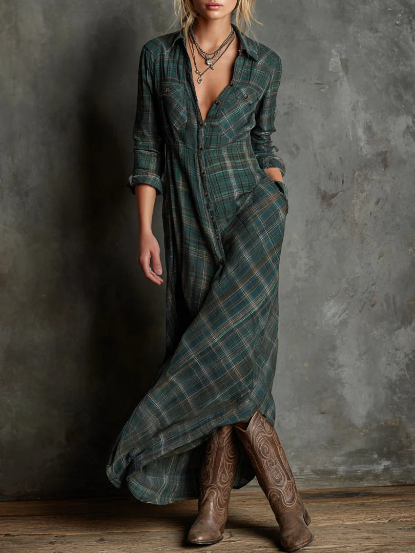 Women's Long Checkered Dress in Green