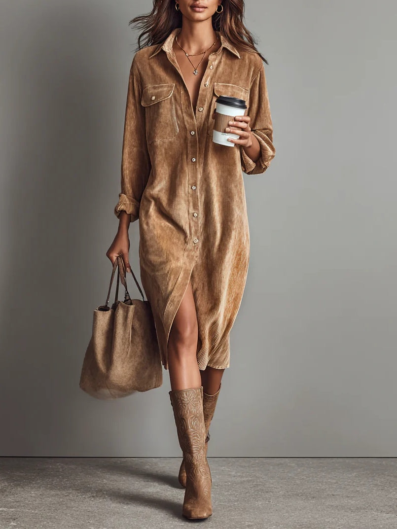Women's Midi Dress in Soft Corduroy in Brown