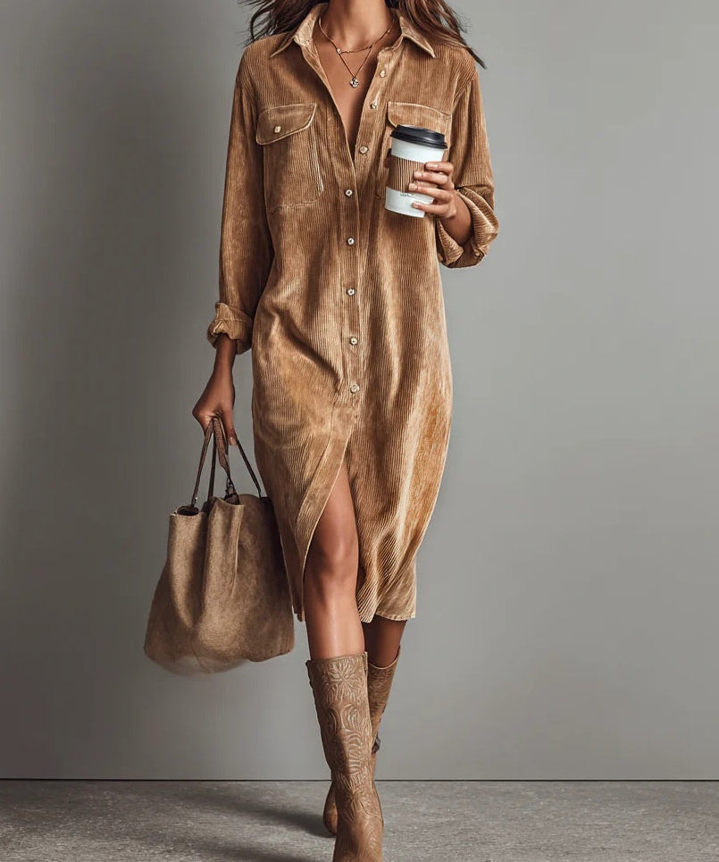 Women's Midi Dress in Soft Corduroy in Brown
