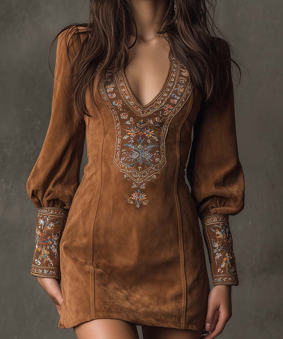Women's Suede-Effect Short Dress in Brown