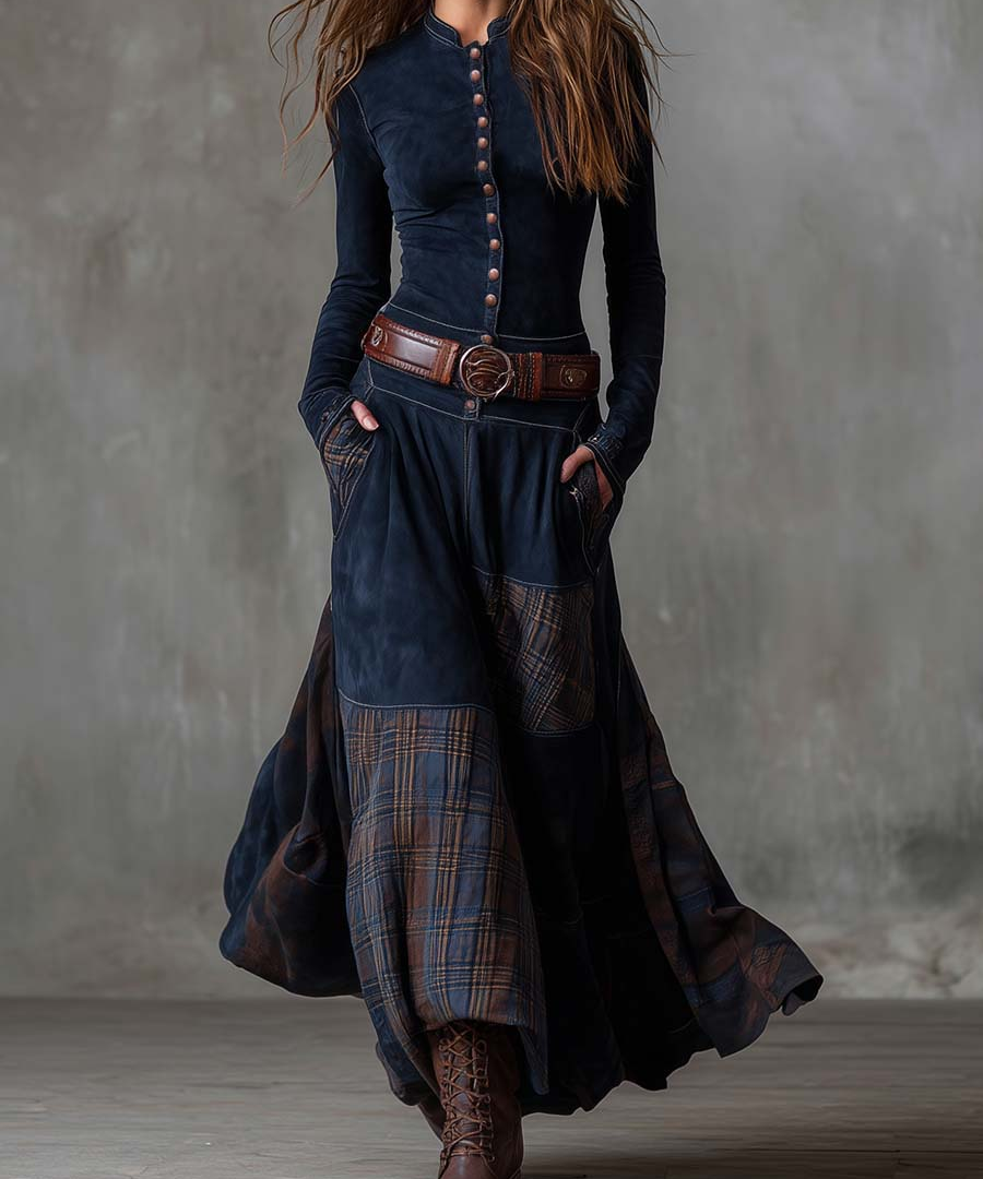Women's Belted Faux-Suede Maxi Dress in Navy Blue