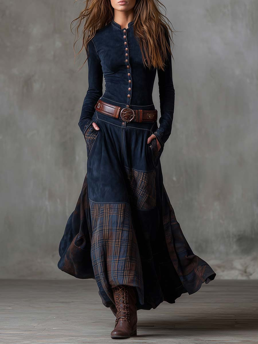 Women's Belted Faux-Suede Maxi Dress in Navy Blue