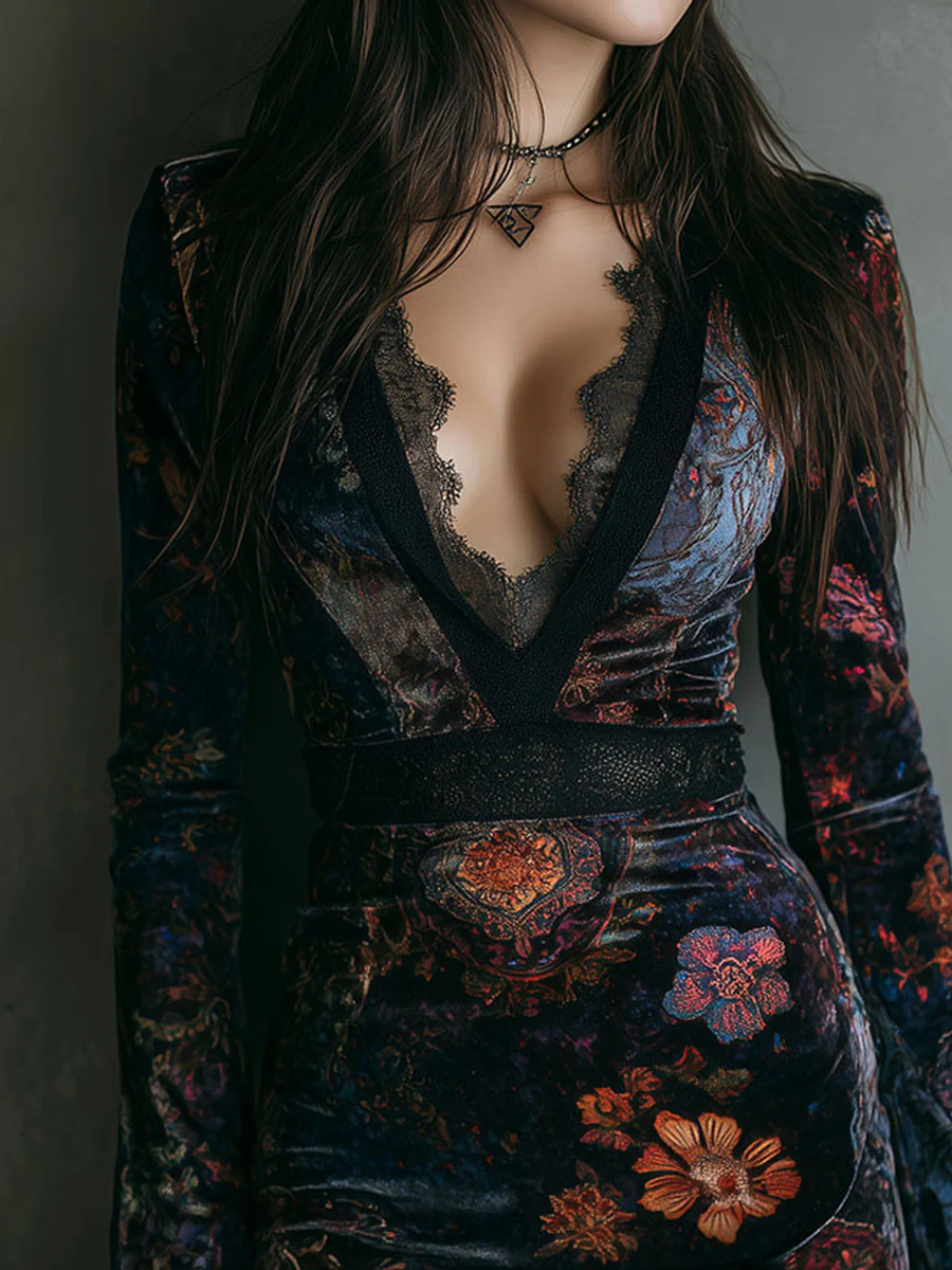 Women's Velvet Floral Mini Dress