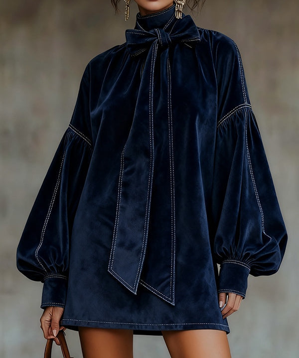 Women's Mini Velvet Dress with Bow in Blue