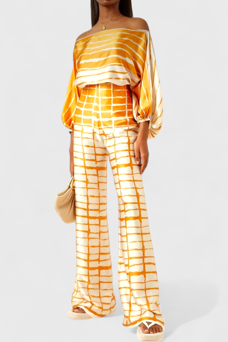 Women's Off-Shoulder Top & Wide-Leg Pants Set in Yellow