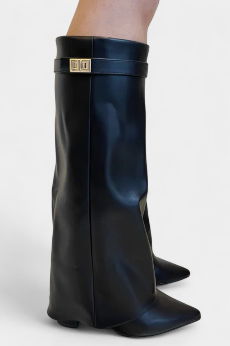 Women's Knee-High Boots with Block Heel in Black Leather