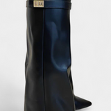 Women's Knee-High Boots with Block Heel in Black Leather