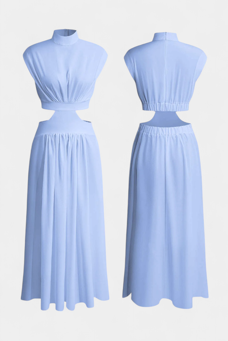 High-Neck Top & Side-Slit Skirt Set in Light Blue