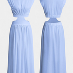 High-Neck Top & Side-Slit Skirt Set in Light Blue