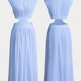 High-Neck Top & Side-Slit Skirt Set in Light Blue