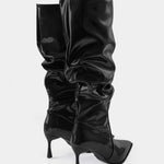 Pleated Faux Leather Pointed Toe Boots in Black