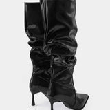 Pleated Faux Leather Pointed Toe Boots in Black