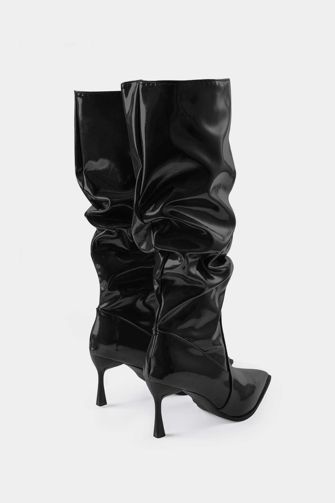 Pleated Faux Leather Pointed Toe Boots in Black