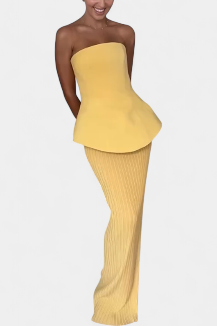 Strapless Bandeau Top with Pleated Skirt Set in Yellow