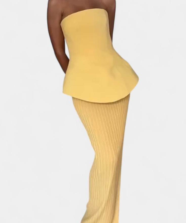 Strapless Bandeau Top with Pleated Skirt Set in Yellow