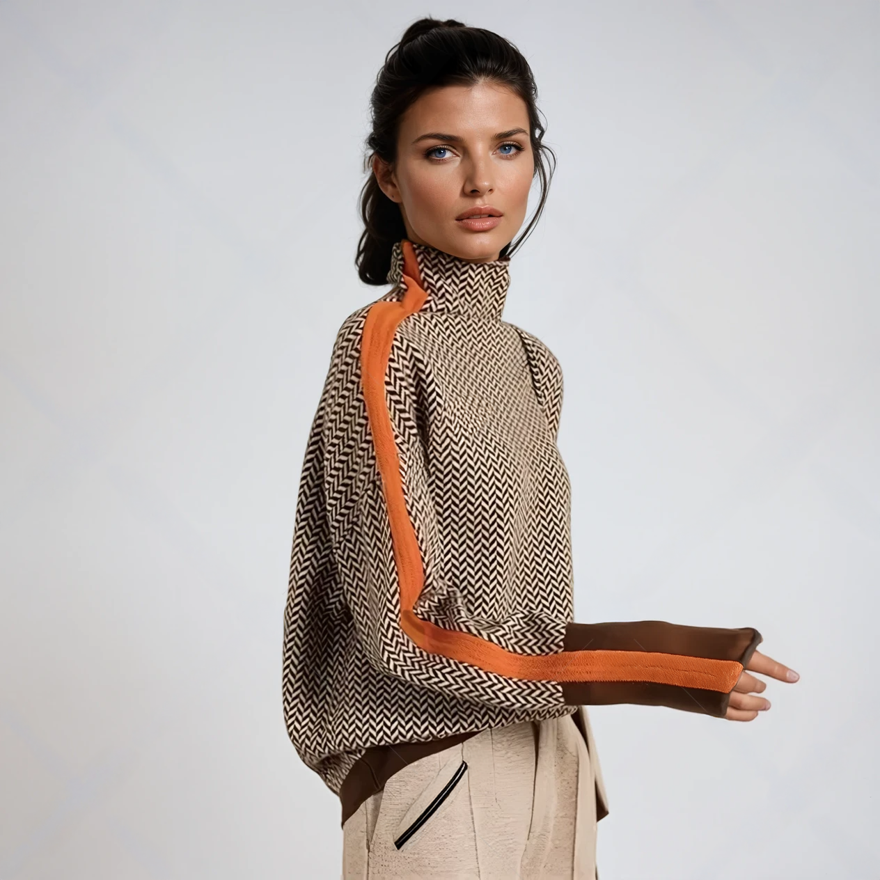 Women's Herringbone Turtleneck Sweater in Orange