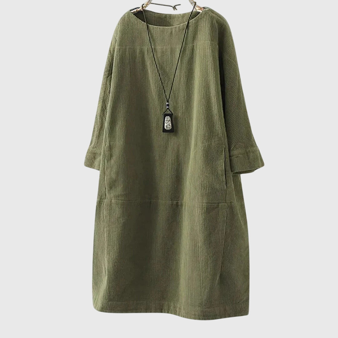 Women's Relaxed Corduroy Midi Dress in Army Green