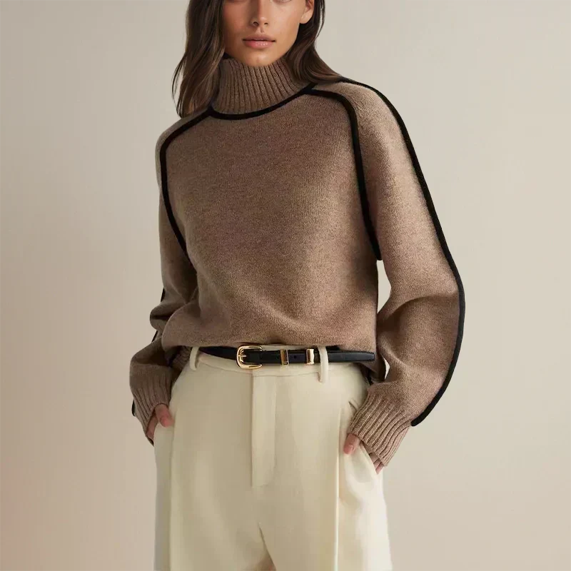 Women's Cotton-Blend Turtleneck Sweater in Brown